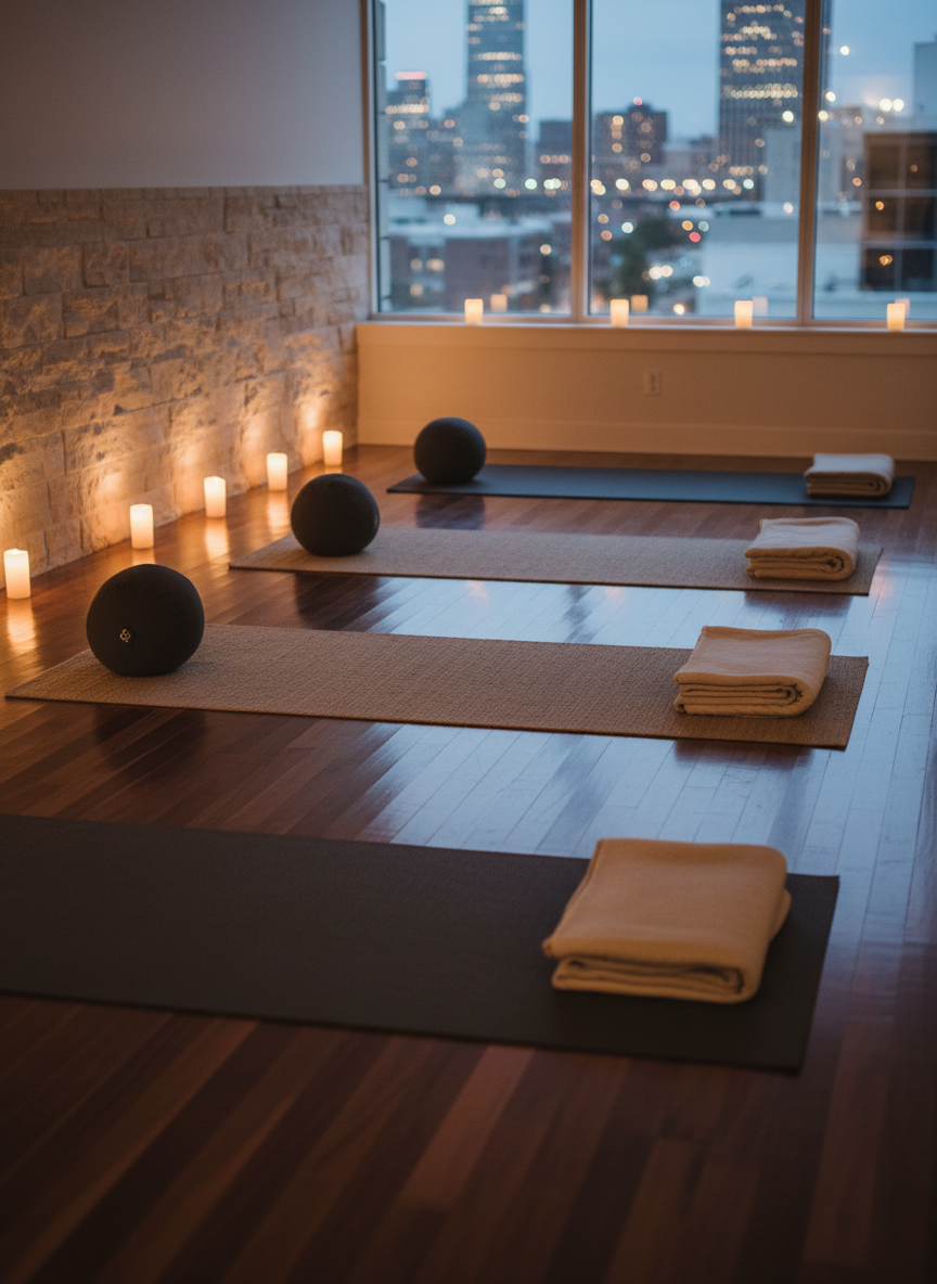 An evening yoga studio scene in Denver, with lights dimmed low and battery-powered candles arranged safely along one wall, casting a warm, flickering glow. Three unrolled mats in muted neutral tones lie parallel on richly grained walnut flooring, each with a neatly placed bolster and folded blanket at the top. A large window reveals a soft bokeh of city lights in the background, suggesting a calm oasis amid urban bustle. Photographic realism, shot from a low angle looking across the mats, captures the gentle reflections on the floor and the intimate, restorative mood ideal for small, focused classes and deeply centering sessions.