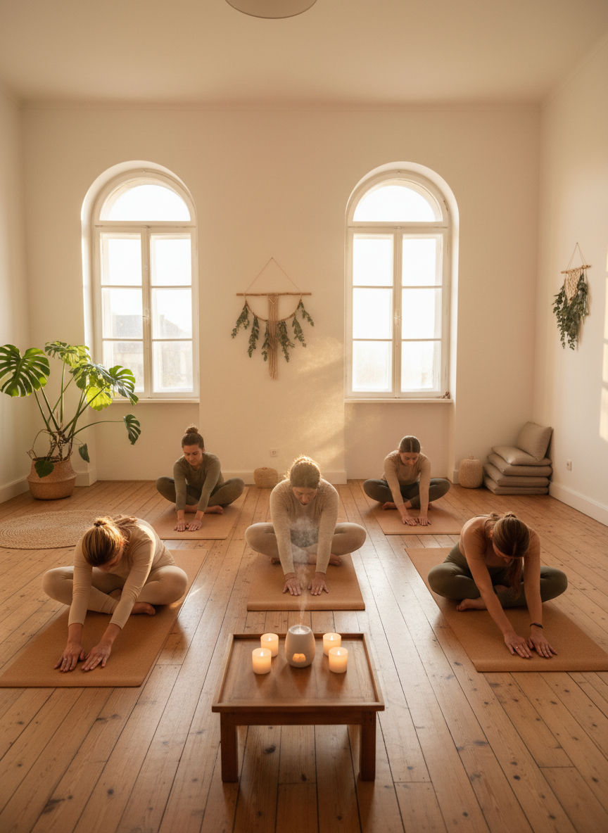 A small, intimate yoga class space with students on mats in a cozy studio