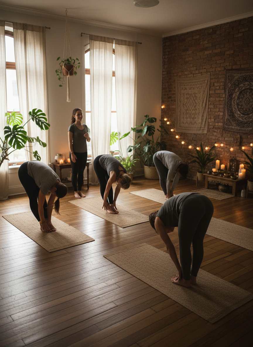 A small intimate yoga class with students practicing together in a warmly lit studio