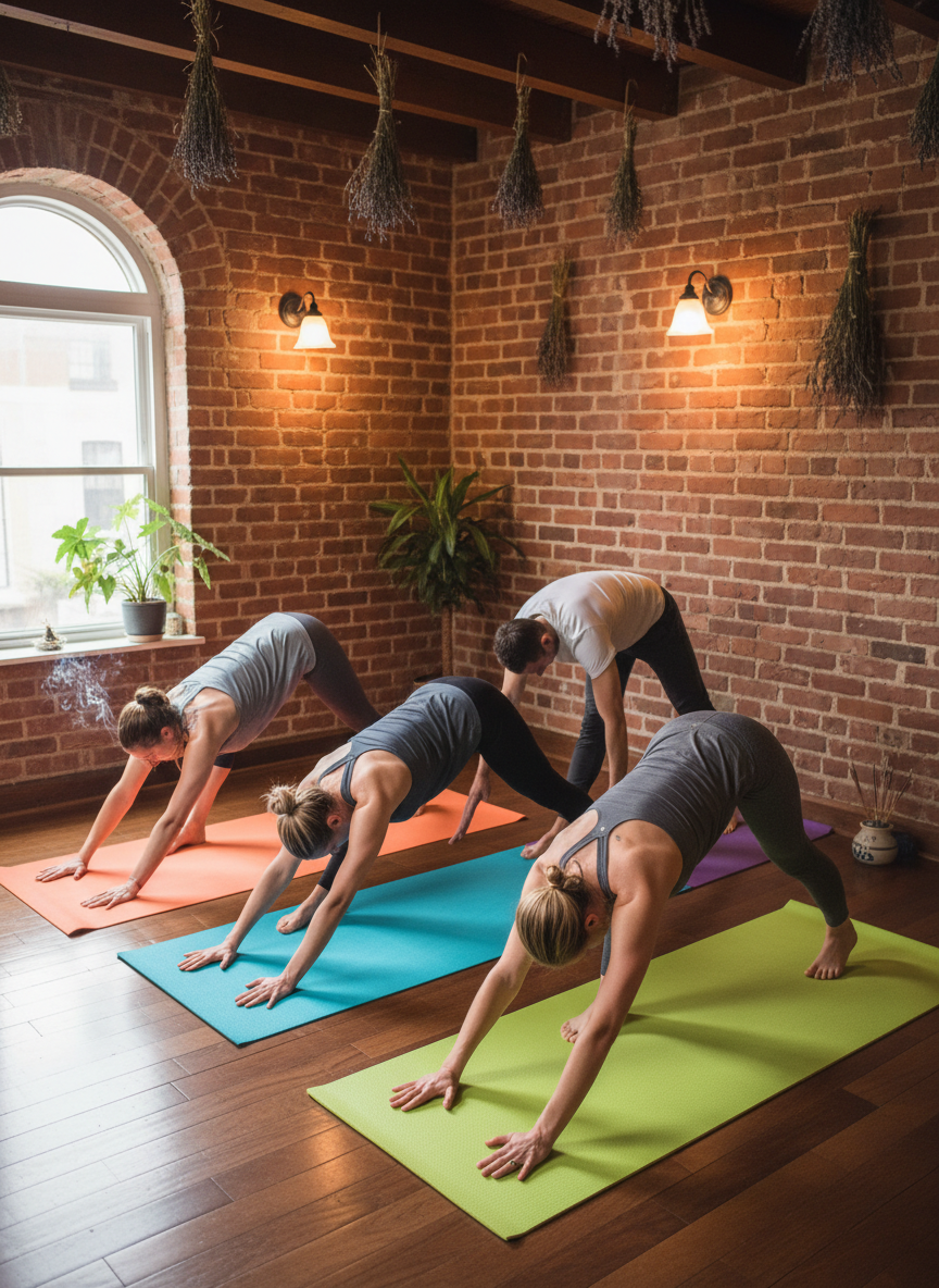 A small yoga class in session in a compact studio room with warm lighting