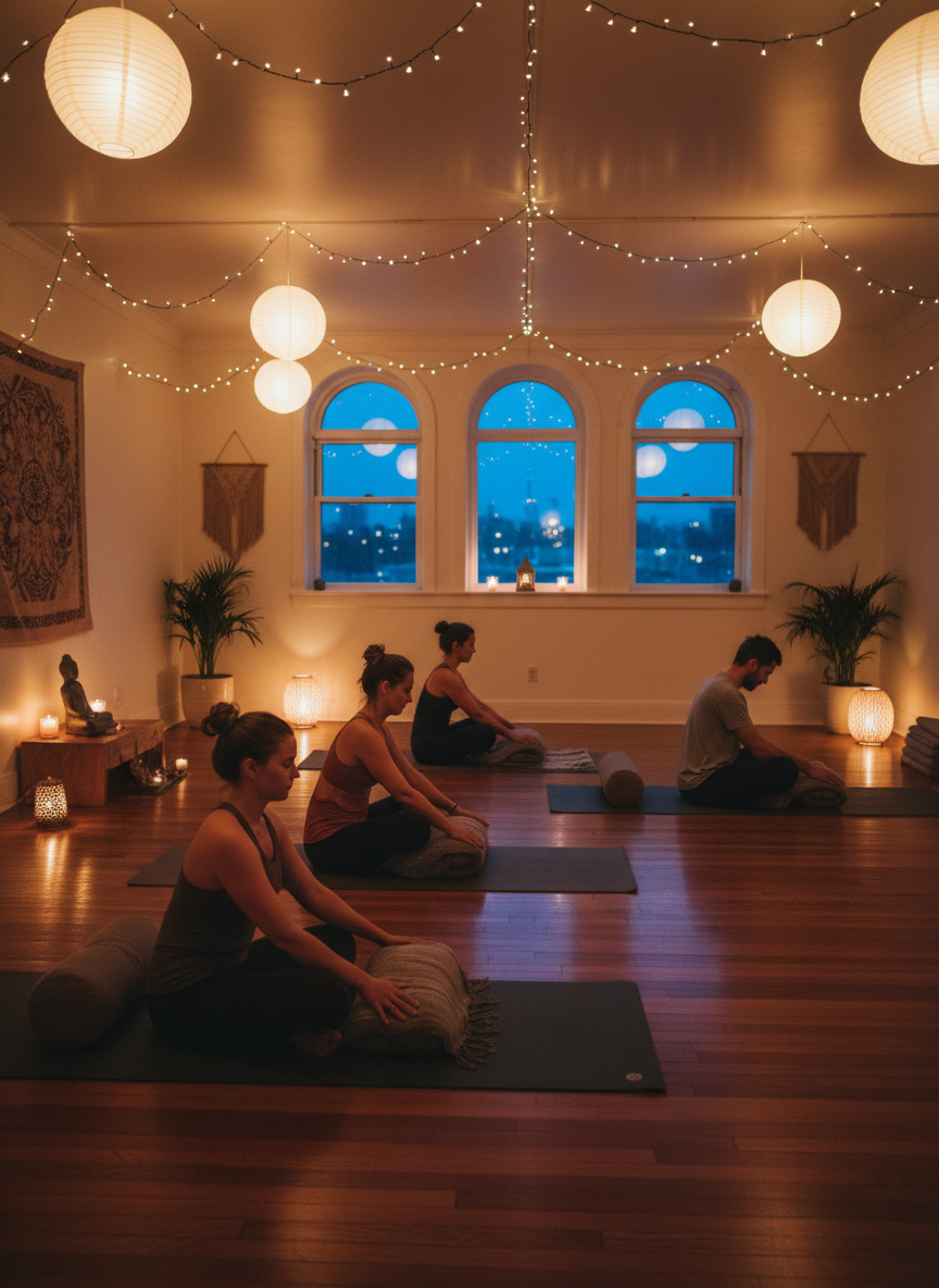 An evening small yoga class in a cozy studio space with warm ambient lighting